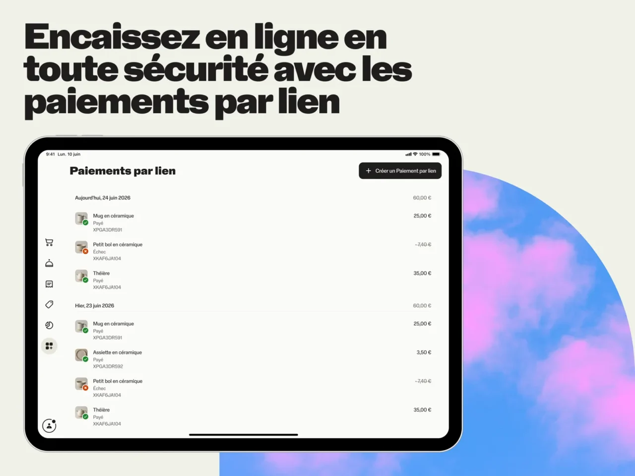 Liste des paiements par lien dans l'application SumUp Business sur iPad, avec statut payé ou en échec et bouton de création