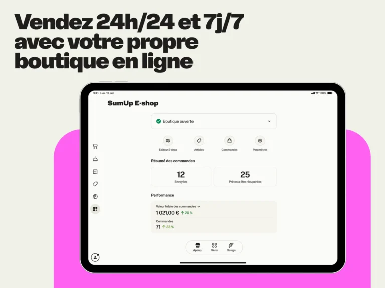Tableau de bord SumUp E-shop sur iPad : statut de la boutique, commandes envoyées et à retirer, valeur totale des commandes