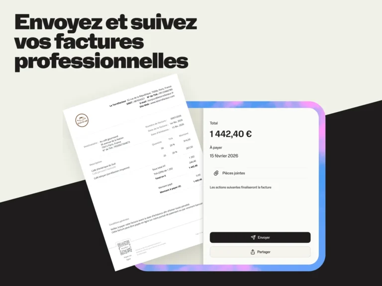 Facture professionnelle SumUp à côté de l'écran d'envoi, avec total TTC, date d'échéance et pièces jointes