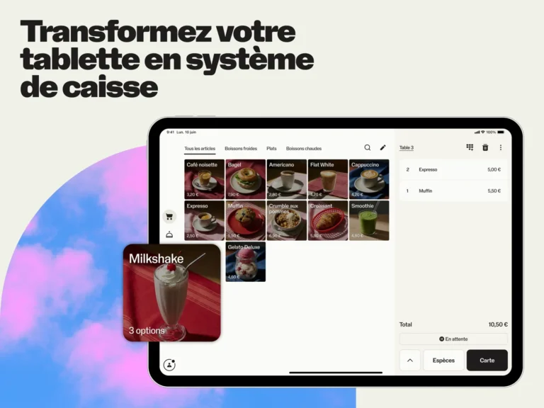 Écran de caisse SumUp sur iPad avec catalogue d'articles en vignettes, ticket de la table 3 et boutons espèces ou carte