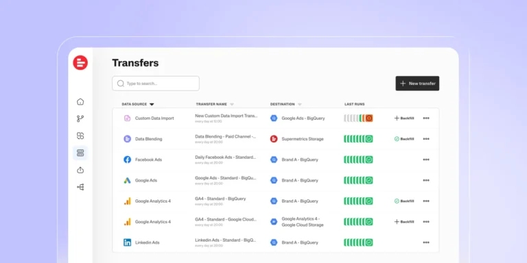 Liste des transferts Supermetrics : source, nom du transfert, destination BigQuery ou stockage, historique des exécutions