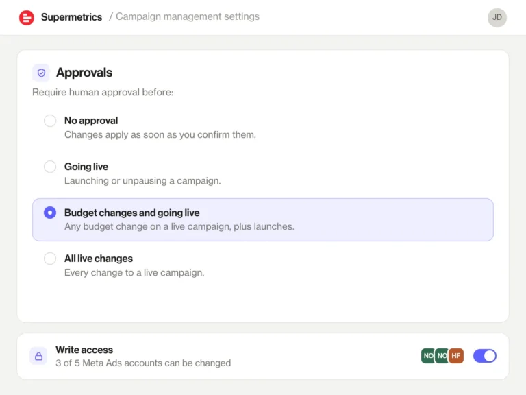 Réglages de gestion de campagnes : niveaux d'approbation humaine et accès en écriture aux comptes Meta Ads