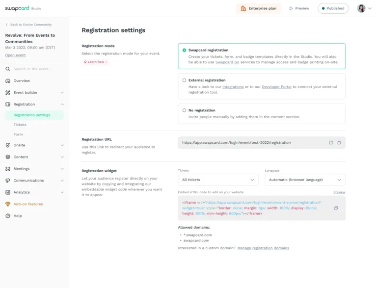 Réglages d'inscription dans Swapcard Studio : mode d'inscription, lien d'inscription et code du widget à intégrer