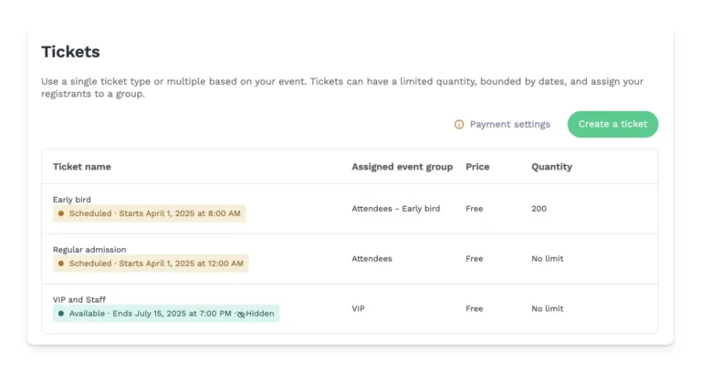 Liste des billets d'un événement dans Swapcard Studio avec groupe associé, prix, quantité et dates de vente