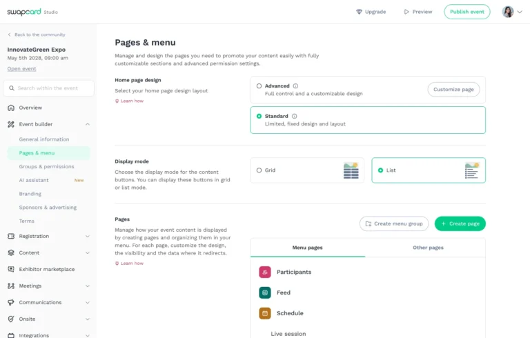 Écran Pages et menu de Swapcard Studio : choix de la mise en page d'accueil, mode d'affichage et pages du menu