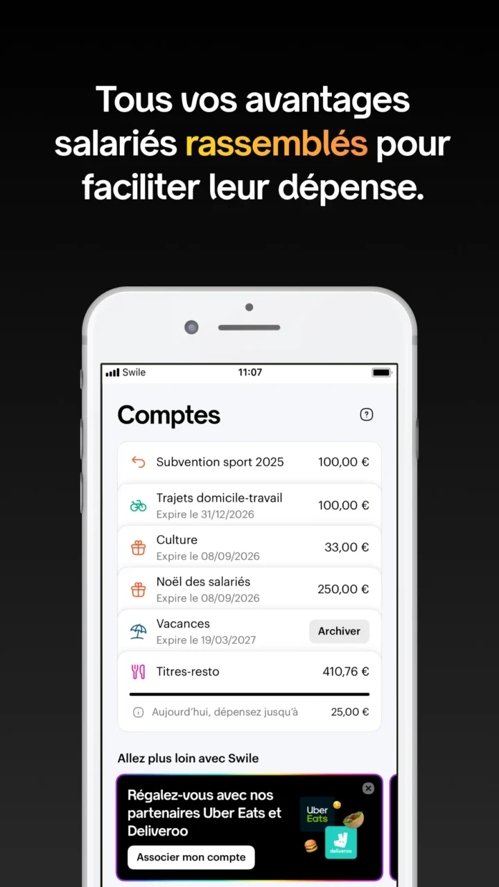 Écran Comptes de l'application Swile avec les soldes titres-resto, culture, cadeaux de Noël, vacances et trajets domicile-travail