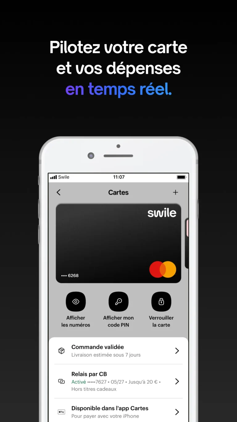 Écran Cartes de l'application Swile avec la carte Mastercard, l'affichage du code PIN, le verrouillage et le relais par carte bancaire