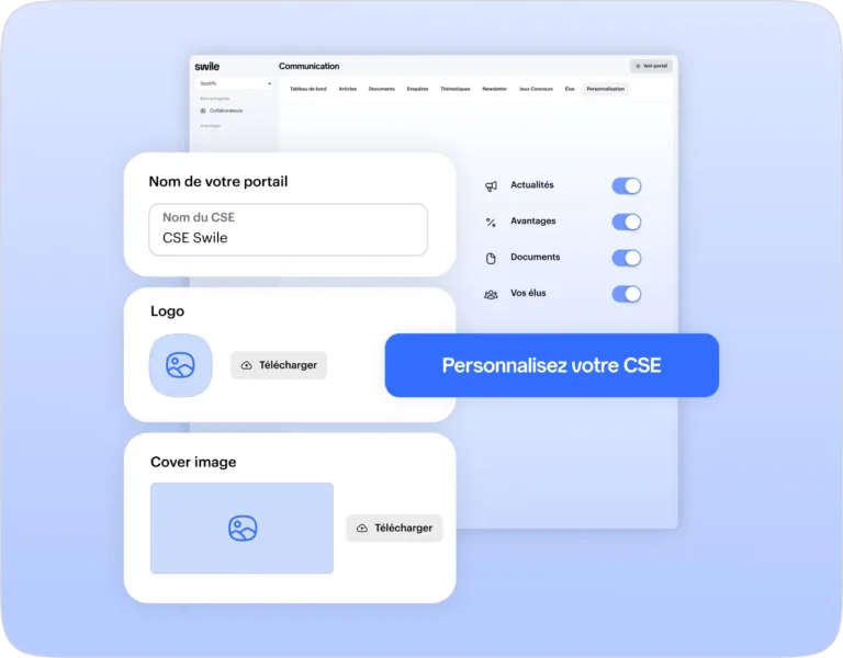Écran de personnalisation du portail CSE Swile avec nom, logo, image de couverture et rubriques activables