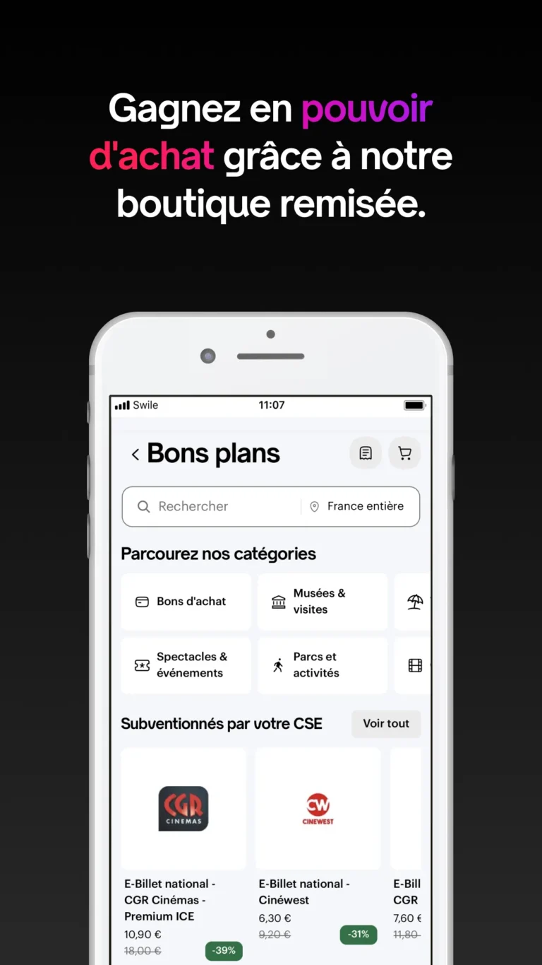 Boutique Bons plans de l'application Swile avec recherche géolocalisée, catégories et billets de cinéma subventionnés par le CSE
