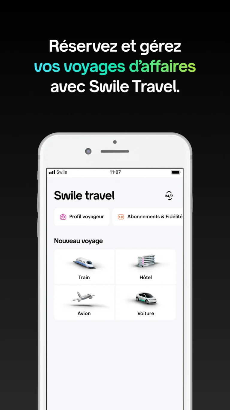 Accueil Swile Travel dans l'application avec profil voyageur, abonnements et réservation de train, hôtel, avion ou voiture