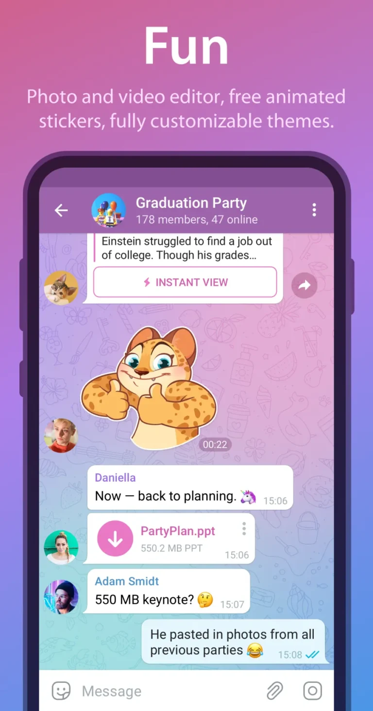 Discussion de groupe Telegram sur Android avec aperçu Instant View d'un article et fichier PowerPoint de 550 Mo partagé