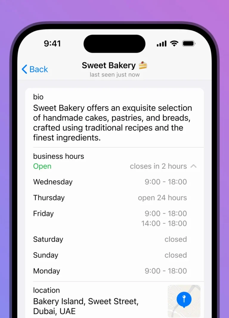 Profil Telegram Business d'une boulangerie fictive avec description, horaires d'ouverture par jour et adresse sur une carte