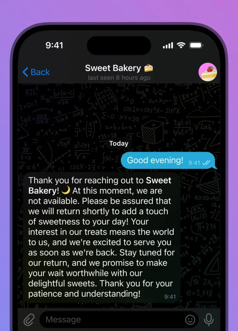 Message d'absence automatique envoyé par un compte Telegram Business en réponse au message d'un client le soir