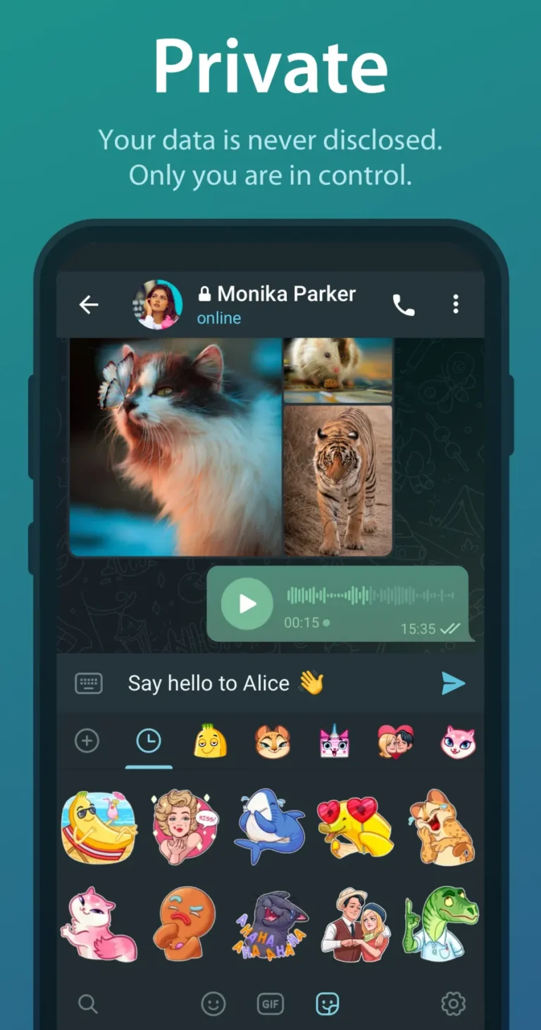 Échange secret Telegram signalé par un cadenas, avec photos, message vocal et panneau d'autocollants ouvert