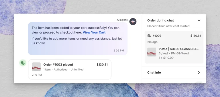 Conversation où l'agent IA envoie le lien du panier, suivie de la commande Shopify affichée dans le chat