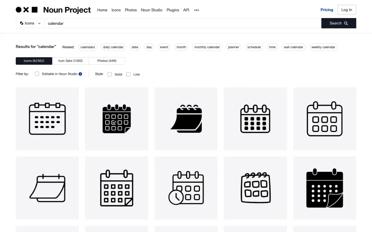 Résultats de recherche « calendar » sur The Noun Project : termes associés, onglets icônes, jeux et photos, filtres de style