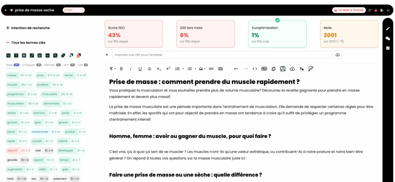 Éditeur Thot SEO avec score SEO, score des 200 premiers mots, suroptimisation et liste des termes clés à placer