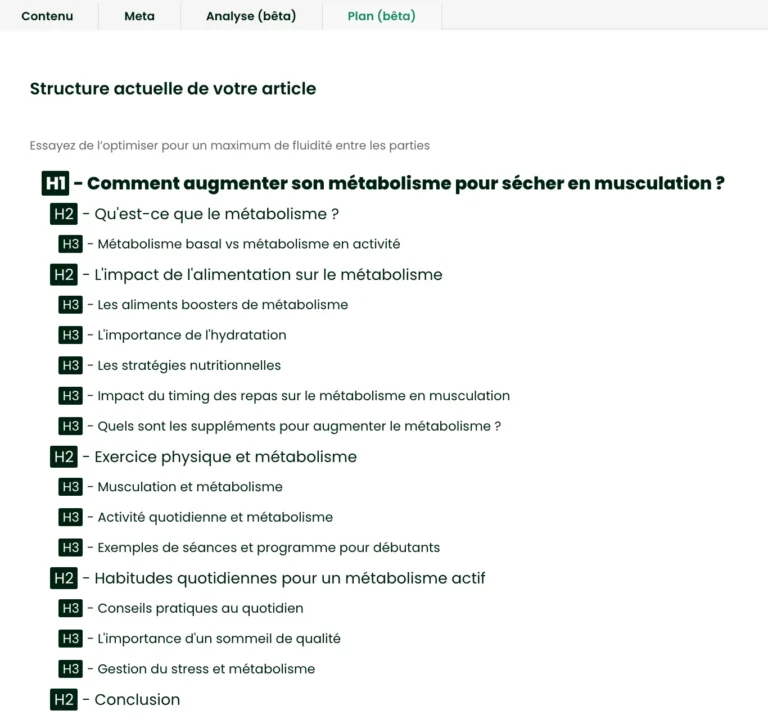 Onglet Plan de Thot SEO montrant la structure H1, H2 et H3 de l'article en cours de rédaction