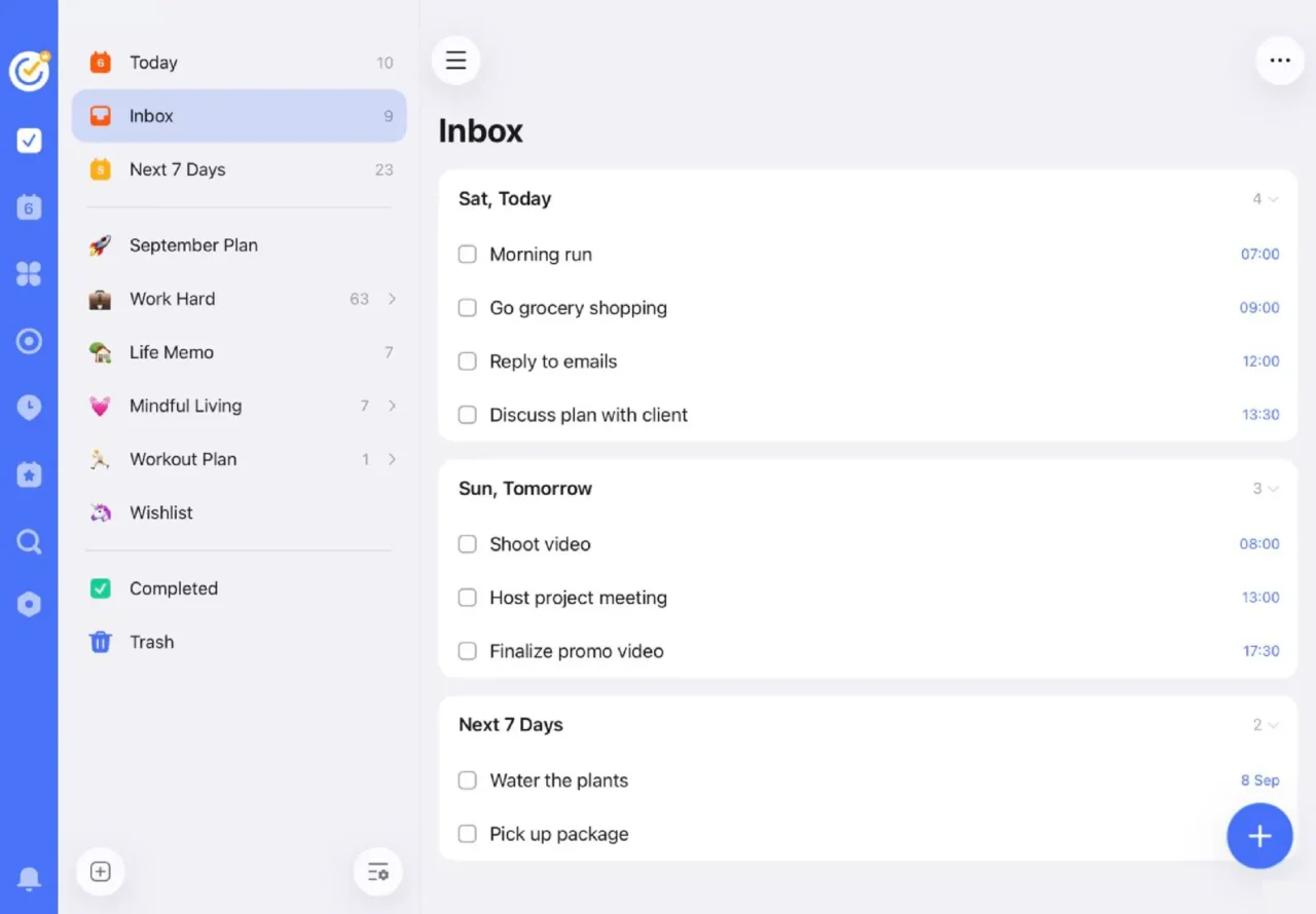 Boîte de réception TickTick sur tablette avec listes dans la barre latérale et tâches groupées par jour avec horaires