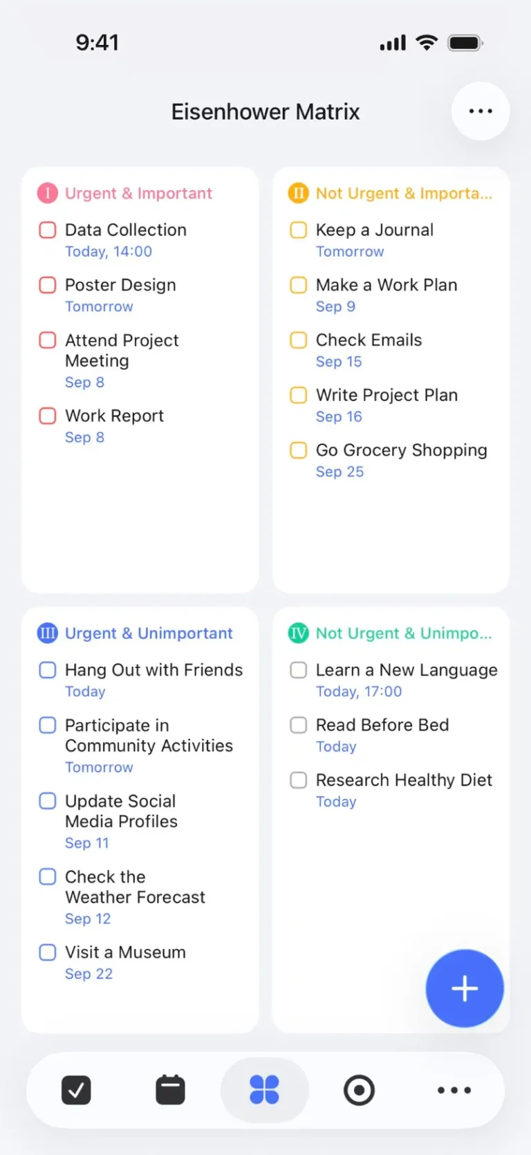 Matrice d'Eisenhower de TickTick sur iPhone avec quatre quadrants urgent et important remplis de tâches datées