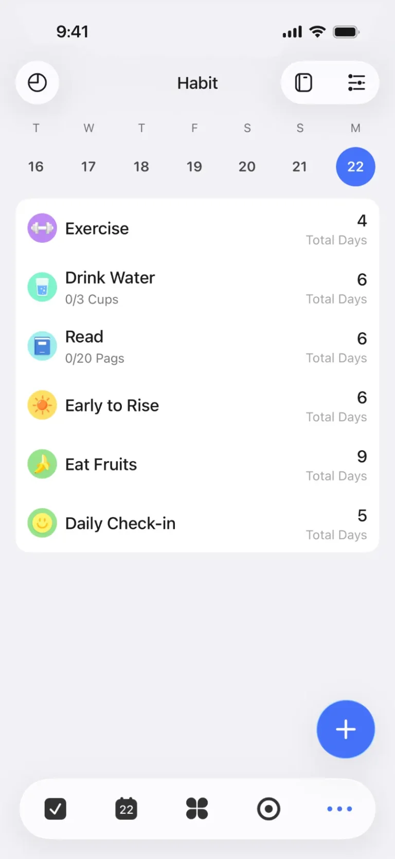 Écran du suivi d'habitudes TickTick avec semaine en cours et habitudes comme sport, lecture et hydratation