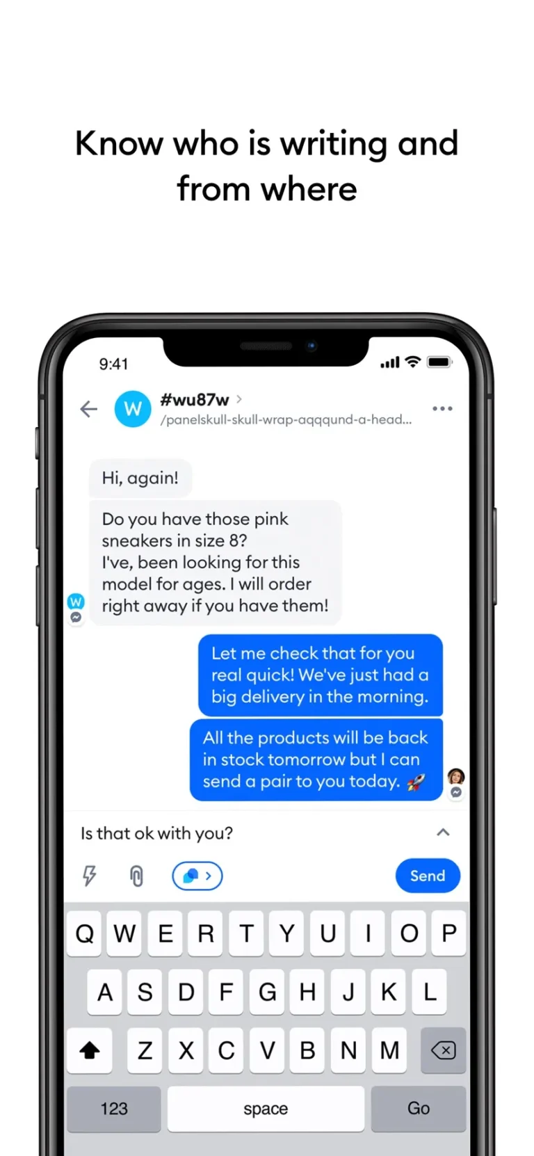 Conversation de chat dans l'application mobile Tidio avec la page consultée par le visiteur et le champ de réponse