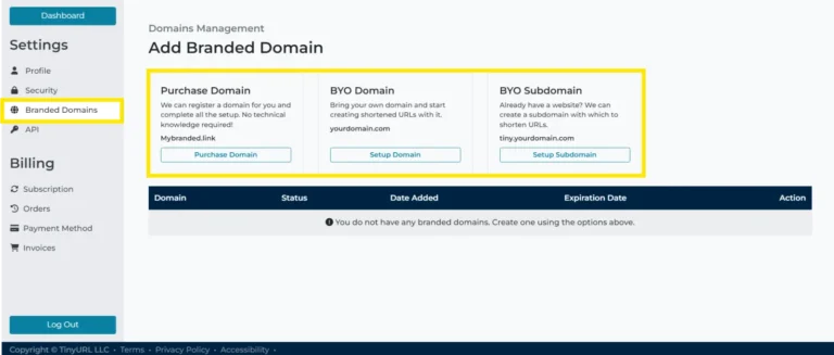 Réglages des domaines de marque TinyURL : achat de domaine, domaine existant ou sous-domaine