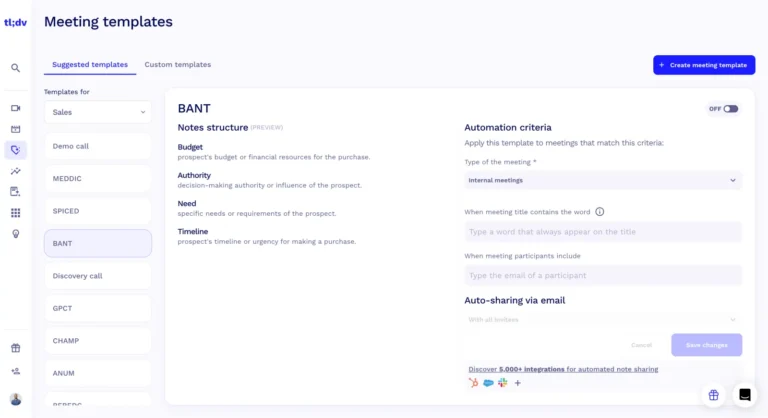 Écran Meeting templates de tl;dv : modèle BANT avec sections de notes et critères d'application automatique
