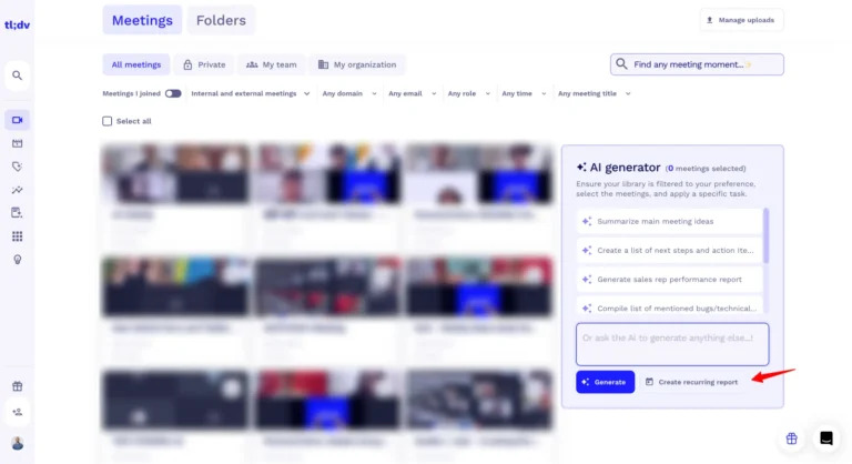 Bibliothèque des réunions de tl;dv avec filtres et panneau AI generator pour analyser plusieurs réunions