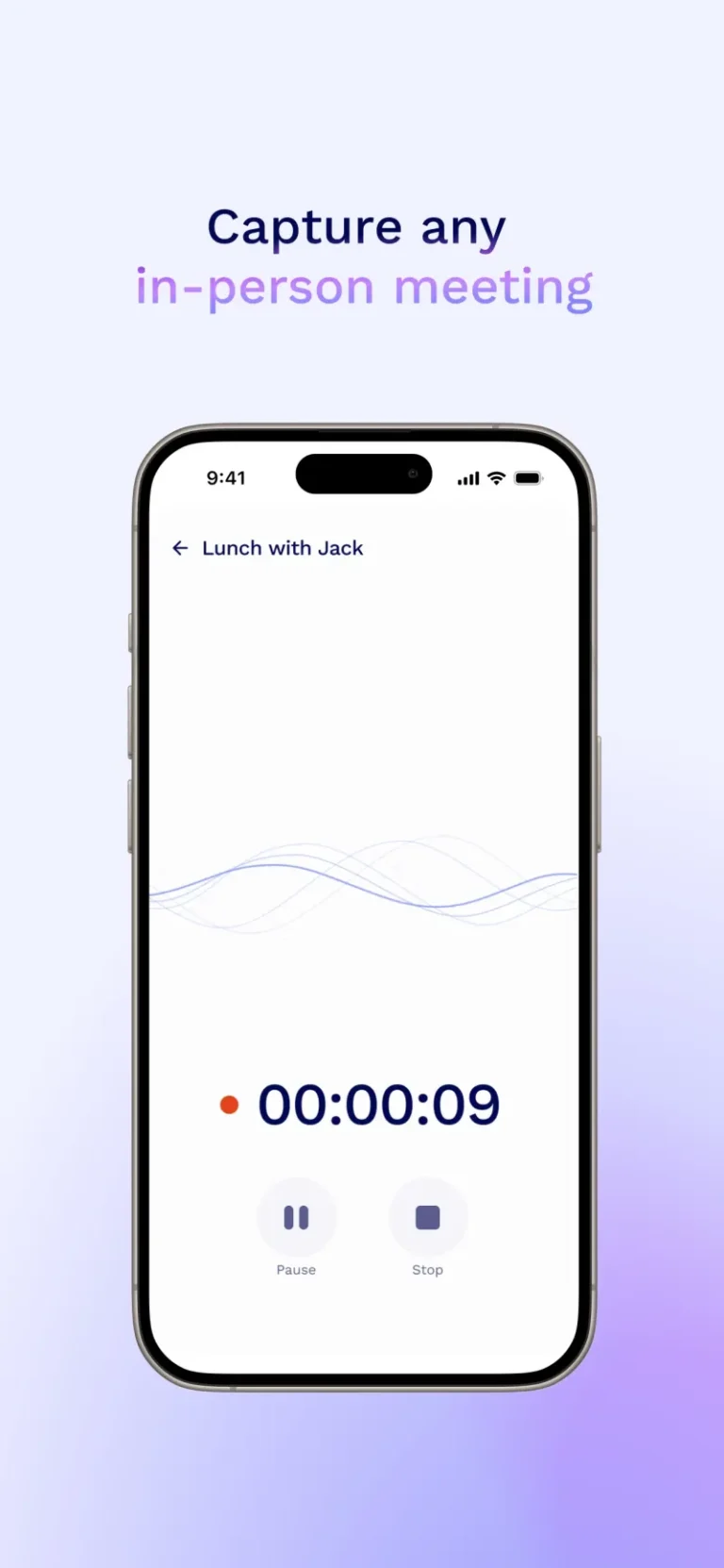Application mobile tl;dv sur iPhone : enregistrement d'une réunion en présentiel avec boutons pause et stop