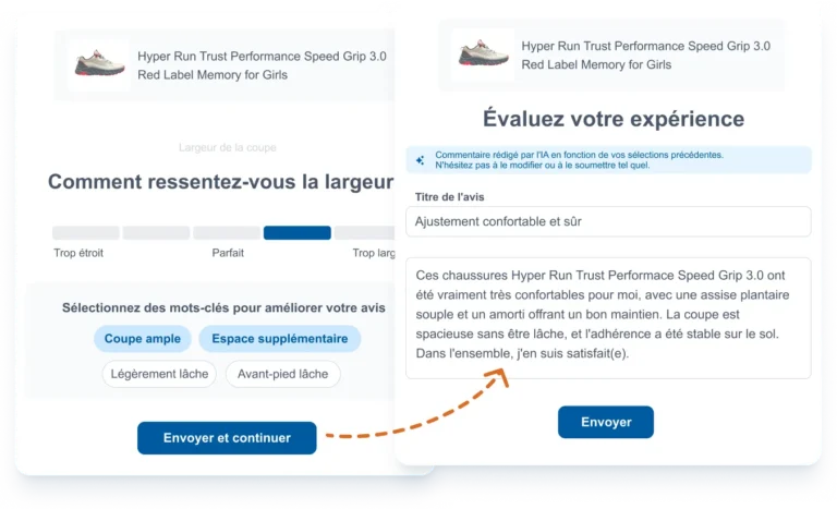 Questionnaire Smart Product Reviews avec mots-clés sur la coupe d'un produit puis avis rédigé par l'IA à valider