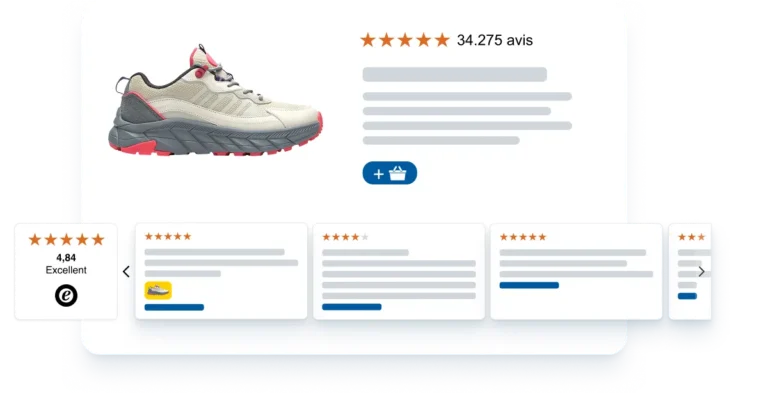 Widget carrousel d'avis Trusted Shops sur une fiche produit, avec note moyenne 4,84 et nombre total d'avis