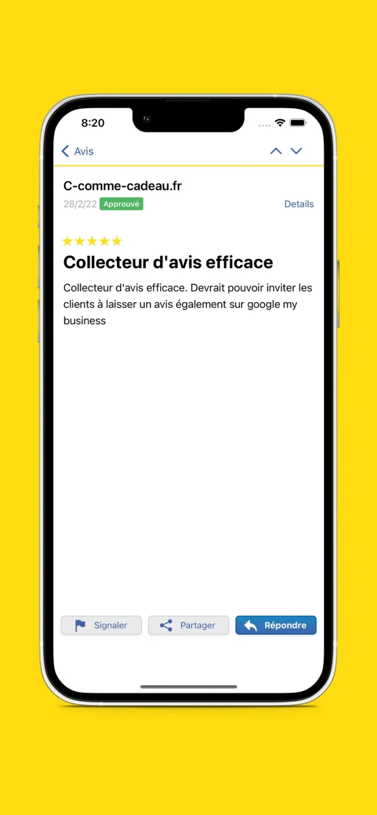 Détail d'un avis client 5 étoiles dans l'application mobile eTrusted, avec boutons Signaler, Partager et Répondre