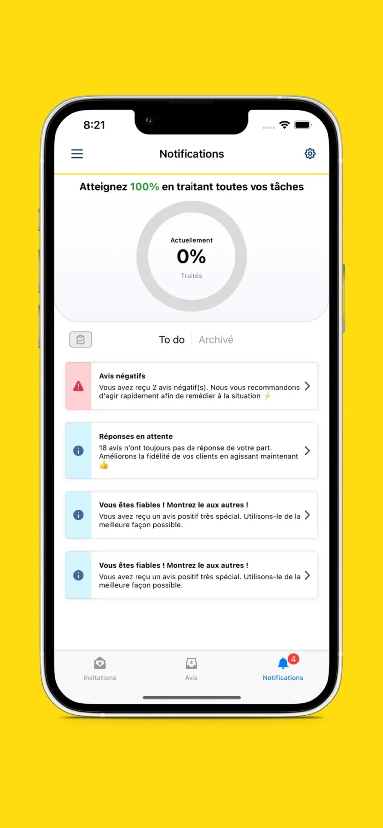 Écran Notifications de l'application eTrusted listant avis négatifs, réponses en attente et avis positifs à valoriser