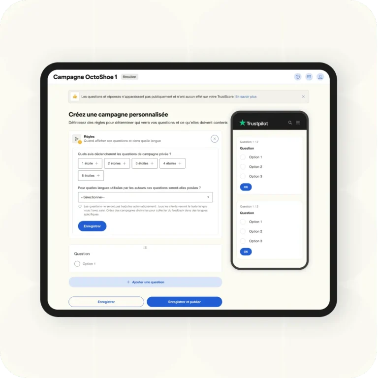 Création d'une campagne de questions de suivi dans Trustpilot Business, avec règles par note et aperçu mobile