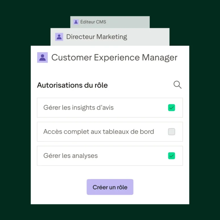 Gestion des rôles dans Trustpilot Business : autorisations d'un Customer Experience Manager et bouton Créer un rôle