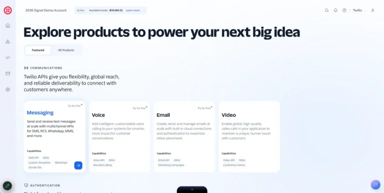 Catalogue de produits de la console Twilio avec les cartes Messaging, Voice, Email et Video et leurs capacités