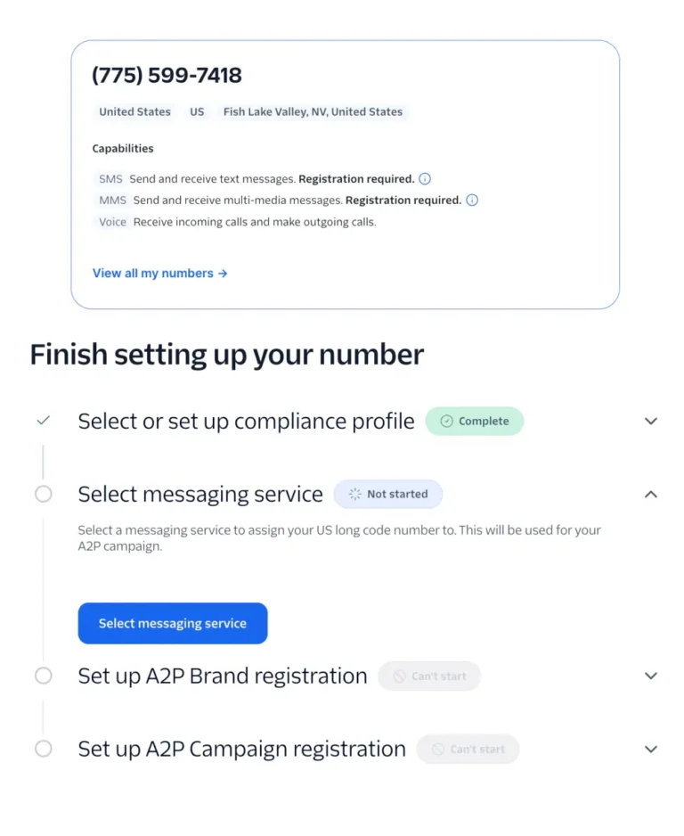 Écran de configuration d'un numéro Twilio avec ses capacités SMS, MMS et voix et les étapes de conformité à valider