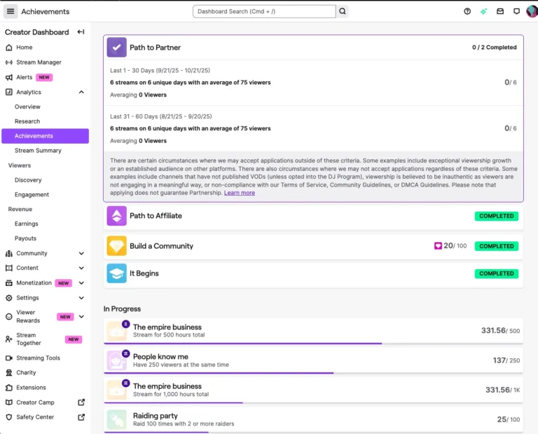 Page Succès du tableau de bord des créateurs Twitch avec la progression vers les statuts d'affilié et de partenaire