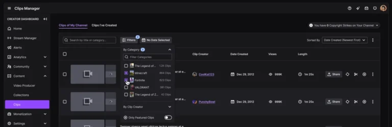 Gestionnaire de clips Twitch avec filtres par catégorie, créateur du clip, date, vues et durée