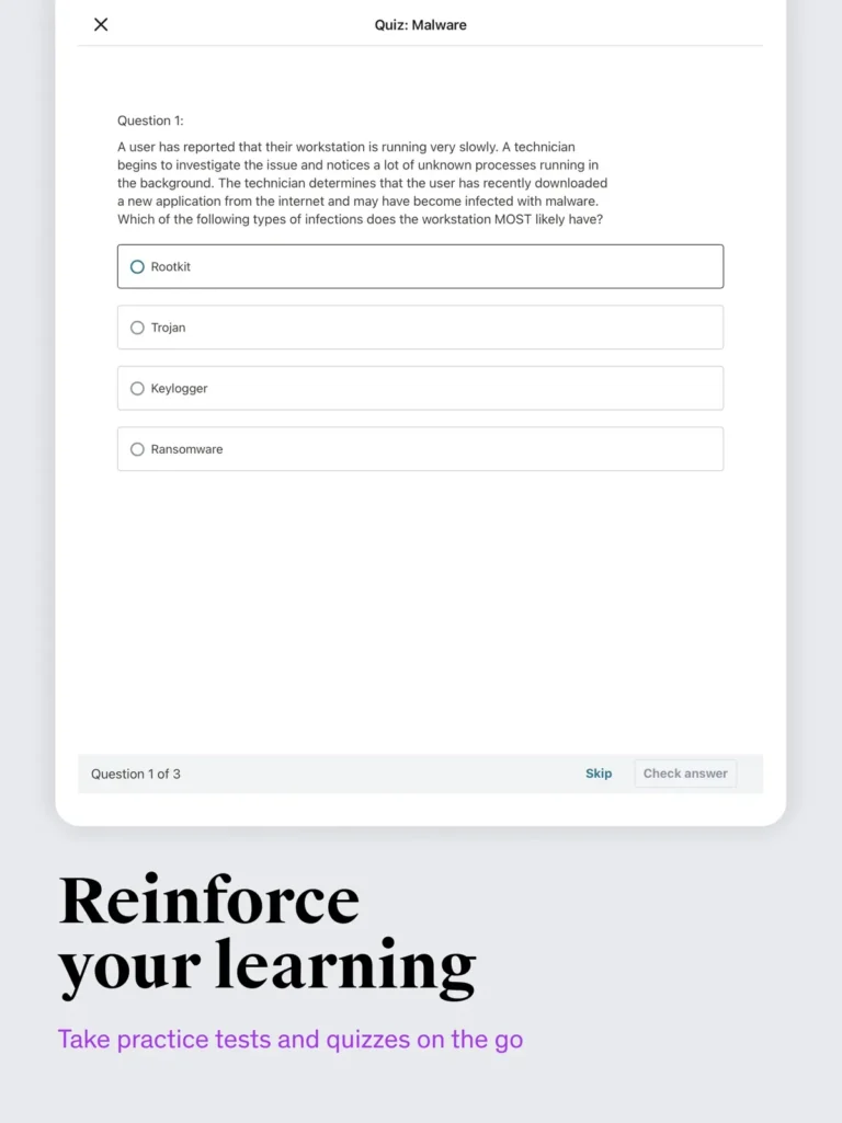Quiz de l'application Udemy Business sur iPad : question à choix multiples sur les logiciels malveillants