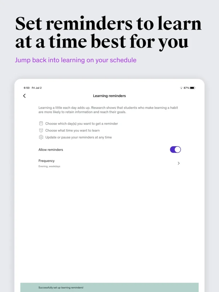 Écran de rappels d'apprentissage de l'application Udemy Business sur iPad avec choix des jours et de la fréquence