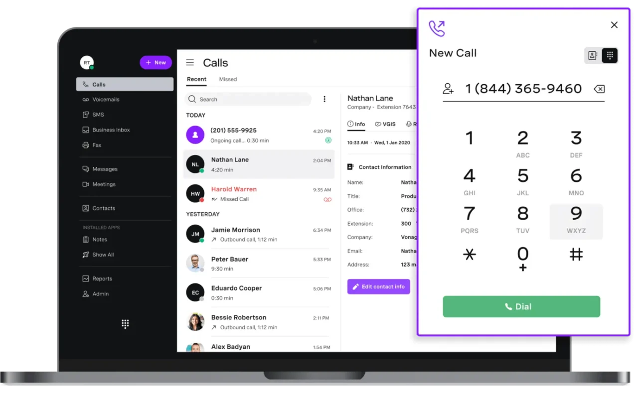Application de bureau Vonage Business Communications : historique des appels, fiche contact et clavier de numérotation