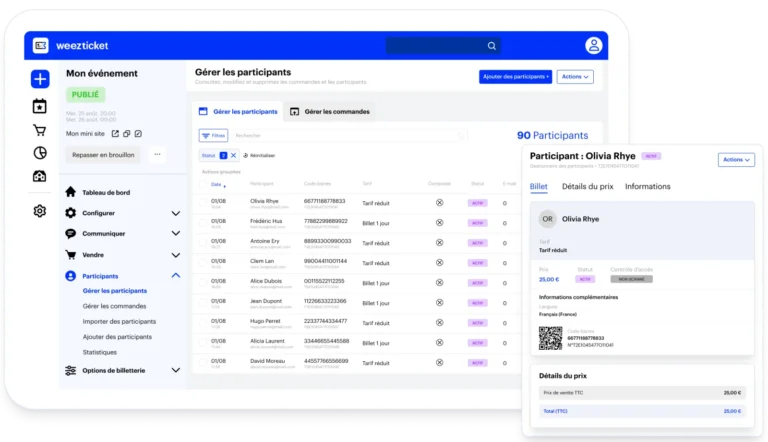 Écran Gérer les participants de WeezTicket avec la liste des billets, leur tarif, leur statut et la fiche détaillée d'un participant
