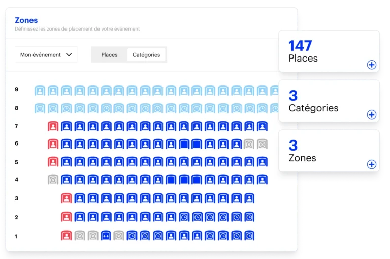 Configuration du placement numéroté Weezevent avec rangées de sièges colorées par catégorie et compteurs de places, catégories et zones