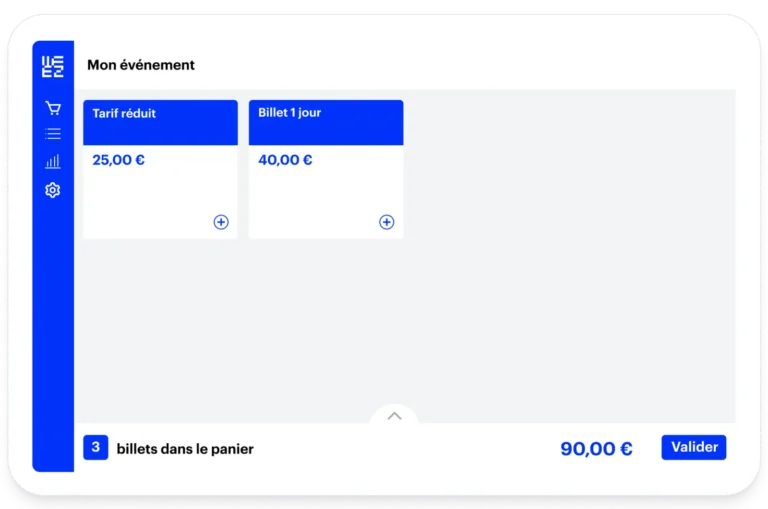 Interface de guichet Weezevent pour la vente sur place avec deux tarifs, le nombre de billets dans le panier et le total à valider