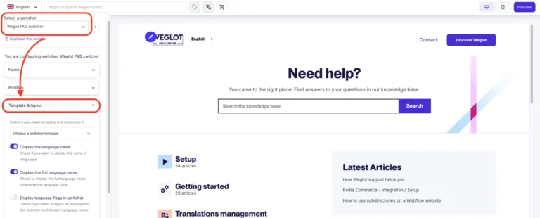 Switcher Editor de Weglot avec les réglages du sélecteur de langue à gauche et l'aperçu du site à droite