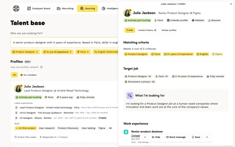 Recherche dans la base de talents de Welcome Sourcing avec critères extraits d'une phrase et profil candidat détaillé