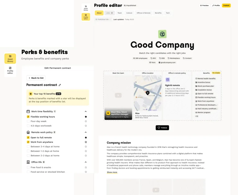 Éditeur de vitrine employeur avec onglets équipe, culture, bureaux et liste des avantages salariés à cocher