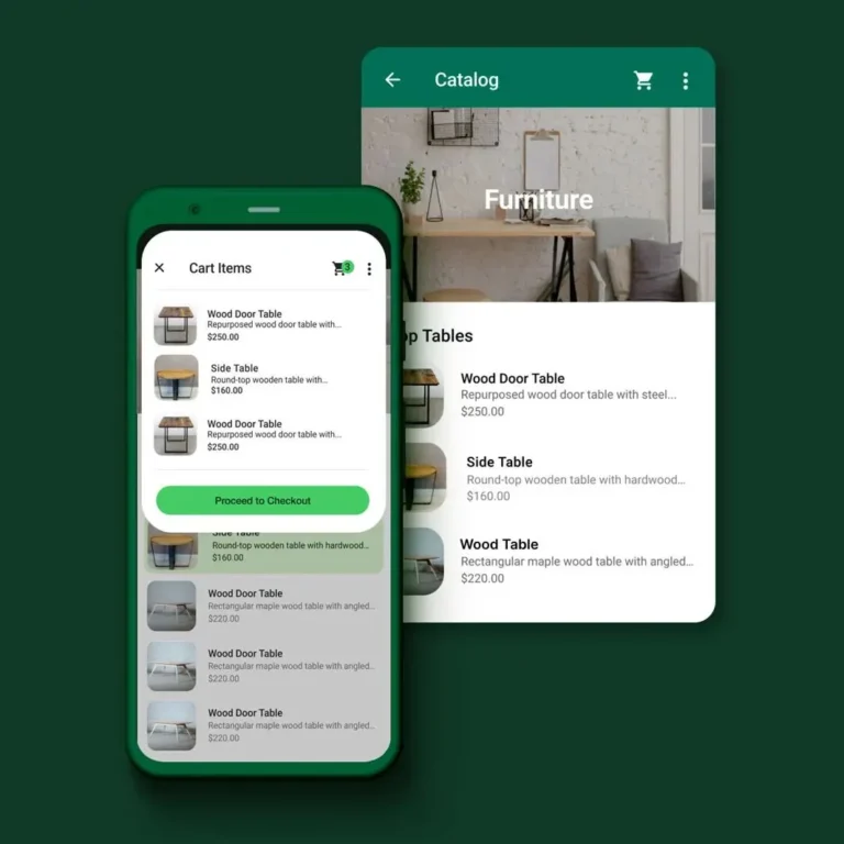 Catalogue de produits WhatsApp Business et panier de trois articles avec bouton de passage à la commande